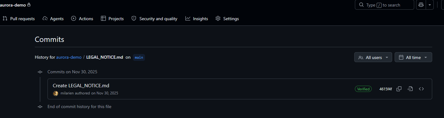 Verified commit record screenshot